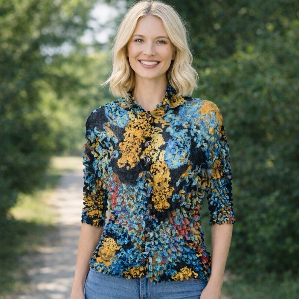 Vintage Y2K Expandable Popcorn Blouse Watercolor Stretch‎ Artsy Eclectic SML